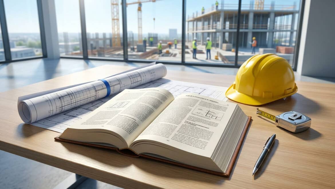 Livre ouvert, casque de chantier et plans sur une table de bureau face à un chantier en construction.