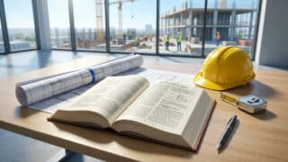 Livre ouvert, casque de chantier et plans sur une table de bureau face à un chantier en construction.