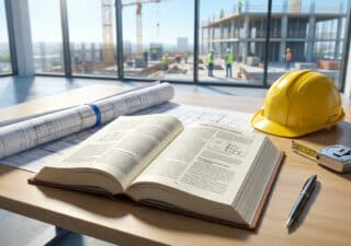 Livre ouvert, casque de chantier et plans sur une table de bureau face à un chantier en construction.