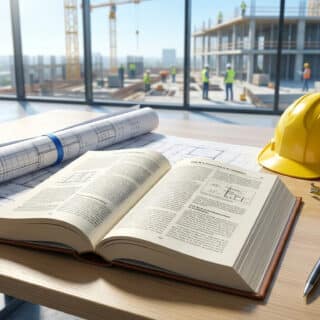 Livre ouvert, casque de chantier et plans sur une table de bureau face à un chantier en construction.