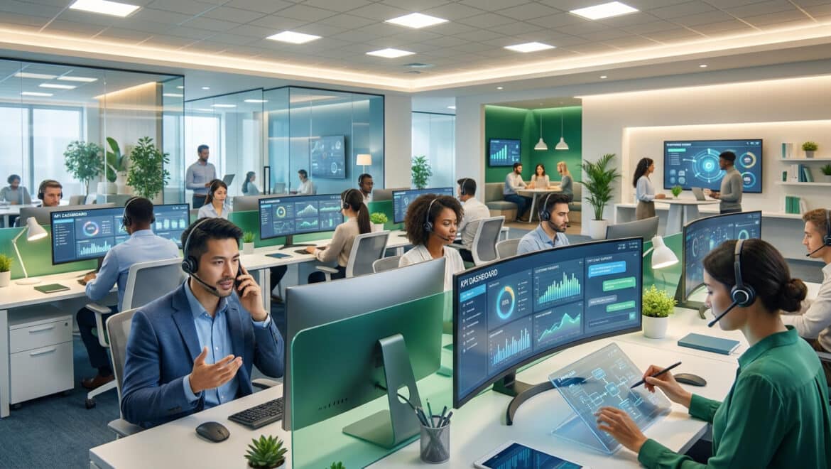 Employés travaillant dans un centre d'appel moderne avec des écrans affichant des tableaux de bord de données KPI.