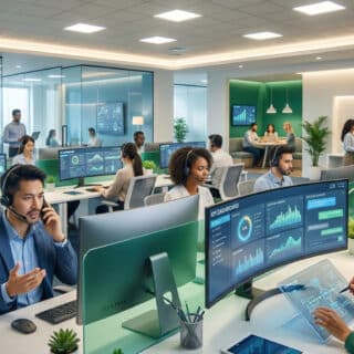 Employés travaillant dans un centre d'appel moderne avec des écrans affichant des tableaux de bord de données KPI.
