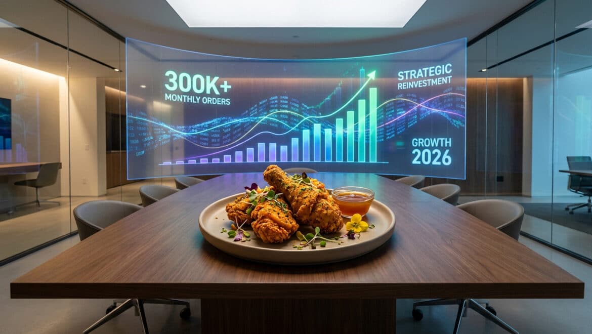 Assiette de poulet frit sur une table de salle de conférence avec un écran holographique affichant des statistiques.