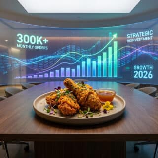 Assiette de poulet frit sur une table de salle de conférence avec un écran holographique affichant des statistiques.