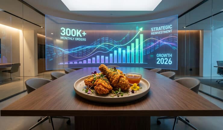 Assiette de poulet frit sur une table de salle de conférence avec un écran holographique affichant des statistiques.