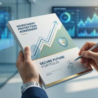 Mains d'un professionnel signant un document intitulé Investment Protection Agreement dans un bureau moderne.