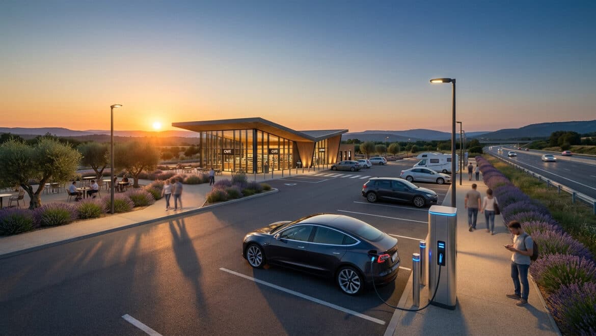 Une aire d'autoroute moderne au coucher du soleil avec des voitures électriques en charge et un café entouré de lavande.