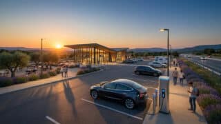 Une aire d'autoroute moderne au coucher du soleil avec des voitures électriques en charge et un café entouré de lavande.