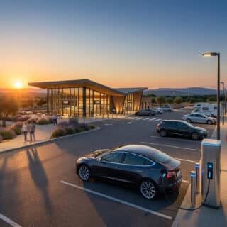 Une aire d'autoroute moderne au coucher du soleil avec des voitures électriques en charge et un café entouré de lavande.
