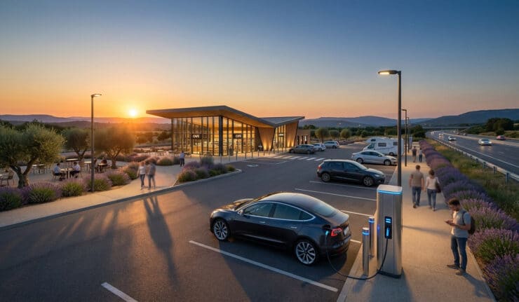Une aire d'autoroute moderne au coucher du soleil avec des voitures électriques en charge et un café entouré de lavande.