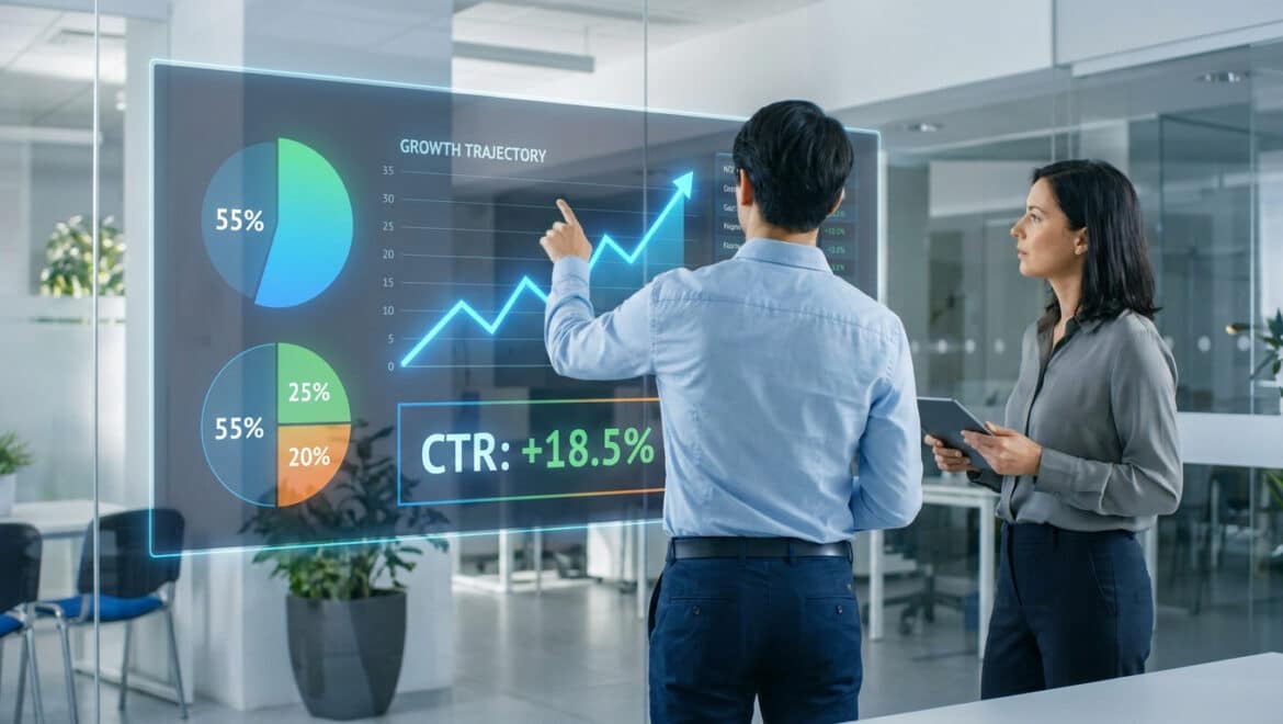 Deux professionnels analysant un écran holographique affichant des graphiques de performance et un CTR en hausse de 18,5 %.