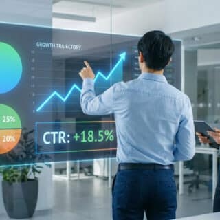 Deux professionnels analysant un écran holographique affichant des graphiques de performance et un CTR en hausse de 18,5 %.