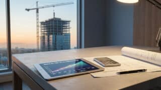 Tablette affichant un graphique sur les coûts de construction devant une fenêtre donnant sur un chantier.