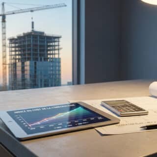 Tablette affichant un graphique sur les coûts de construction devant une fenêtre donnant sur un chantier.