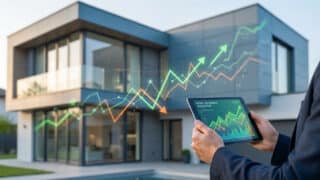 Une personne tenant une tablette montrant des graphiques financiers devant une maison moderne avec des courbes en surimpression.