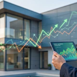 Une personne tenant une tablette montrant des graphiques financiers devant une maison moderne avec des courbes en surimpression.