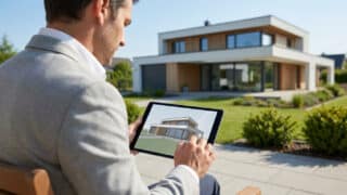 Un homme en costume utilisant une tablette pour visualiser le plan 3D de sa future maison moderne.
