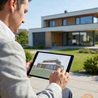 Un homme en costume utilisant une tablette pour visualiser le plan 3D de sa future maison moderne.