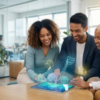 Trois collègues souriants utilisent une tablette avec des icônes d'avantages sociaux numériques en surimpression.