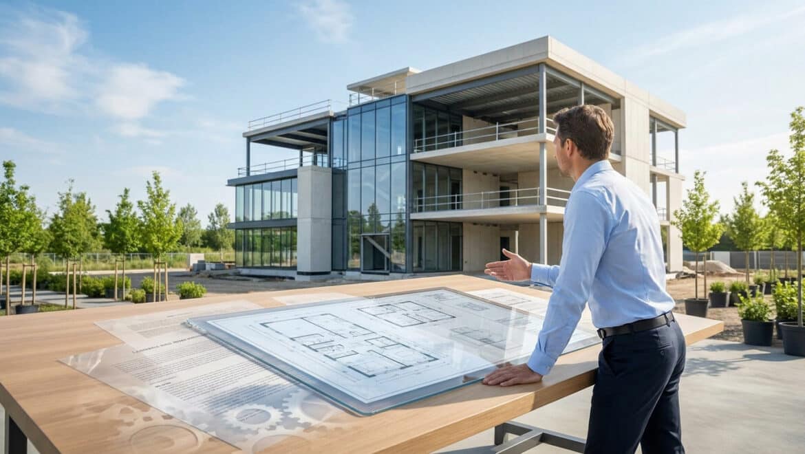 Un architecte en chemise bleue regarde un bâtiment moderne en construction devant des plans sur une table en bois.