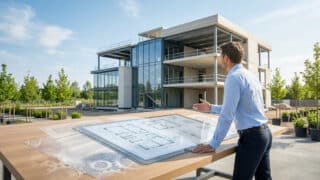 Un architecte en chemise bleue regarde un bâtiment moderne en construction devant des plans sur une table en bois.