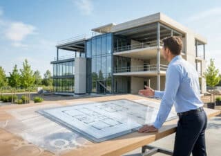 Un architecte en chemise bleue regarde un bâtiment moderne en construction devant des plans sur une table en bois.