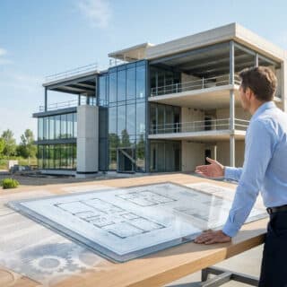 Un architecte en chemise bleue regarde un bâtiment moderne en construction devant des plans sur une table en bois.