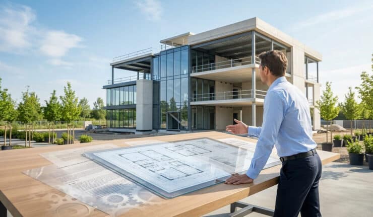 Un architecte en chemise bleue regarde un bâtiment moderne en construction devant des plans sur une table en bois.