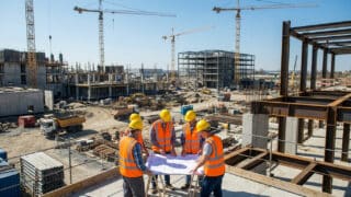Ingénieurs en gilets réfléchissants examinant des plans sur un grand chantier de construction avec des grues.