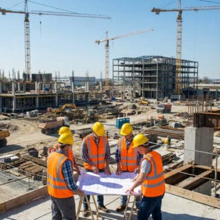Ingénieurs en gilets réfléchissants examinant des plans sur un grand chantier de construction avec des grues.
