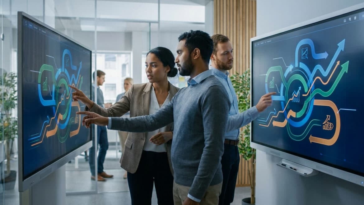 Équipe de professionnels analysant des flux de données et des graphiques de croissance sur des écrans tactiles interactifs.