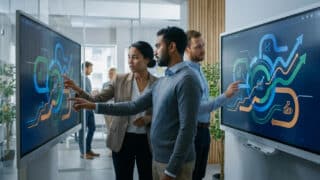Équipe de professionnels analysant des flux de données et des graphiques de croissance sur des écrans tactiles interactifs.