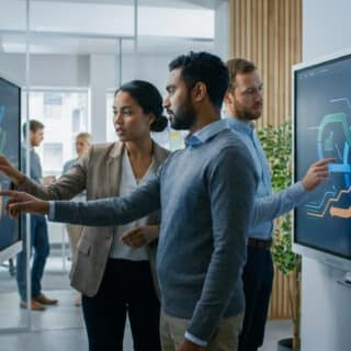 Équipe de professionnels analysant des flux de données et des graphiques de croissance sur des écrans tactiles interactifs.