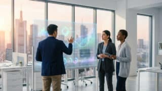 Un homme présente des graphiques de performance sur un écran tactile transparent à deux collègues dans un bureau moderne.