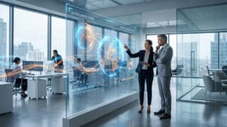 Deux professionnels analysent des données globales sur un écran interactif dans un bureau moderne et lumineux.