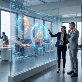 Deux professionnels analysent des données globales sur un écran interactif dans un bureau moderne et lumineux.
