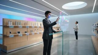 Une femme d'affaires utilisant une interface holographique futuriste pour gérer un inventaire en magasin.