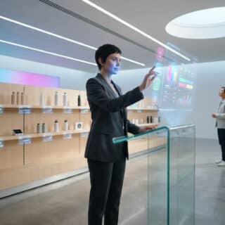 Une femme d'affaires utilisant une interface holographique futuriste pour gérer un inventaire en magasin.