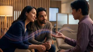 Un homme raconte une histoire à un couple, avec des faisceaux lumineux digitaux reliant leurs interactions.