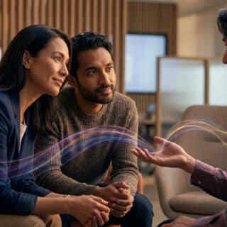 Un homme raconte une histoire à un couple, avec des faisceaux lumineux digitaux reliant leurs interactions.