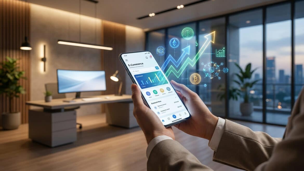Mains tenant un smartphone affichant des graphiques e-commerce avec des hologrammes de croissance financière.