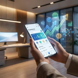 Mains tenant un smartphone affichant des graphiques e-commerce avec des hologrammes de croissance financière.