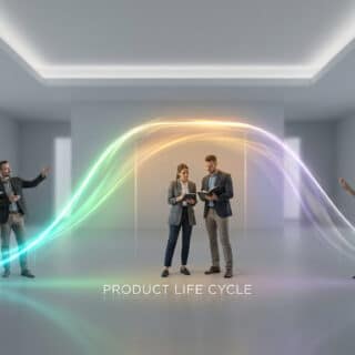 Professionnels dans un bureau moderne analysant une courbe lumineuse représentant le cycle de vie d'un produit.