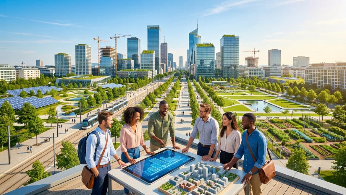 Une équipe diversifiée examine un plan numérique et une maquette 3D sur un toit surplombant une ville moderne et écologique.