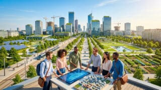 Une équipe diversifiée examine un plan numérique et une maquette 3D sur un toit surplombant une ville moderne et écologique.