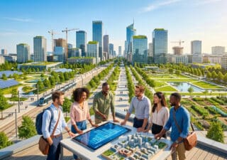 Une équipe diversifiée examine un plan numérique et une maquette 3D sur un toit surplombant une ville moderne et écologique.