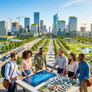 Une équipe diversifiée examine un plan numérique et une maquette 3D sur un toit surplombant une ville moderne et écologique.
