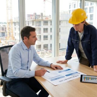 Un homme d'affaires et une ouvrière avec un casque de chantier examinant une grille de salaire BTP sur un bureau.