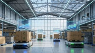 Robots autonomes transportant des marchandises dans un entrepôt moderne équipé de panneaux solaires et de données en direct.