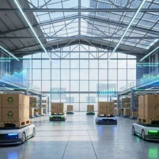 Robots autonomes transportant des marchandises dans un entrepôt moderne équipé de panneaux solaires et de données en direct.